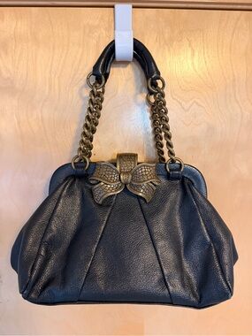 RARE Betsey John Black Chain-Handle Women's Handbag with Decorative Bow Accent